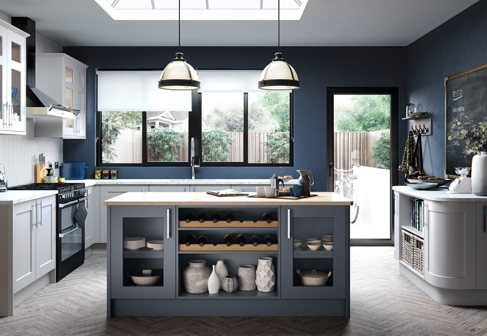Light grey kitchen with island and dining area