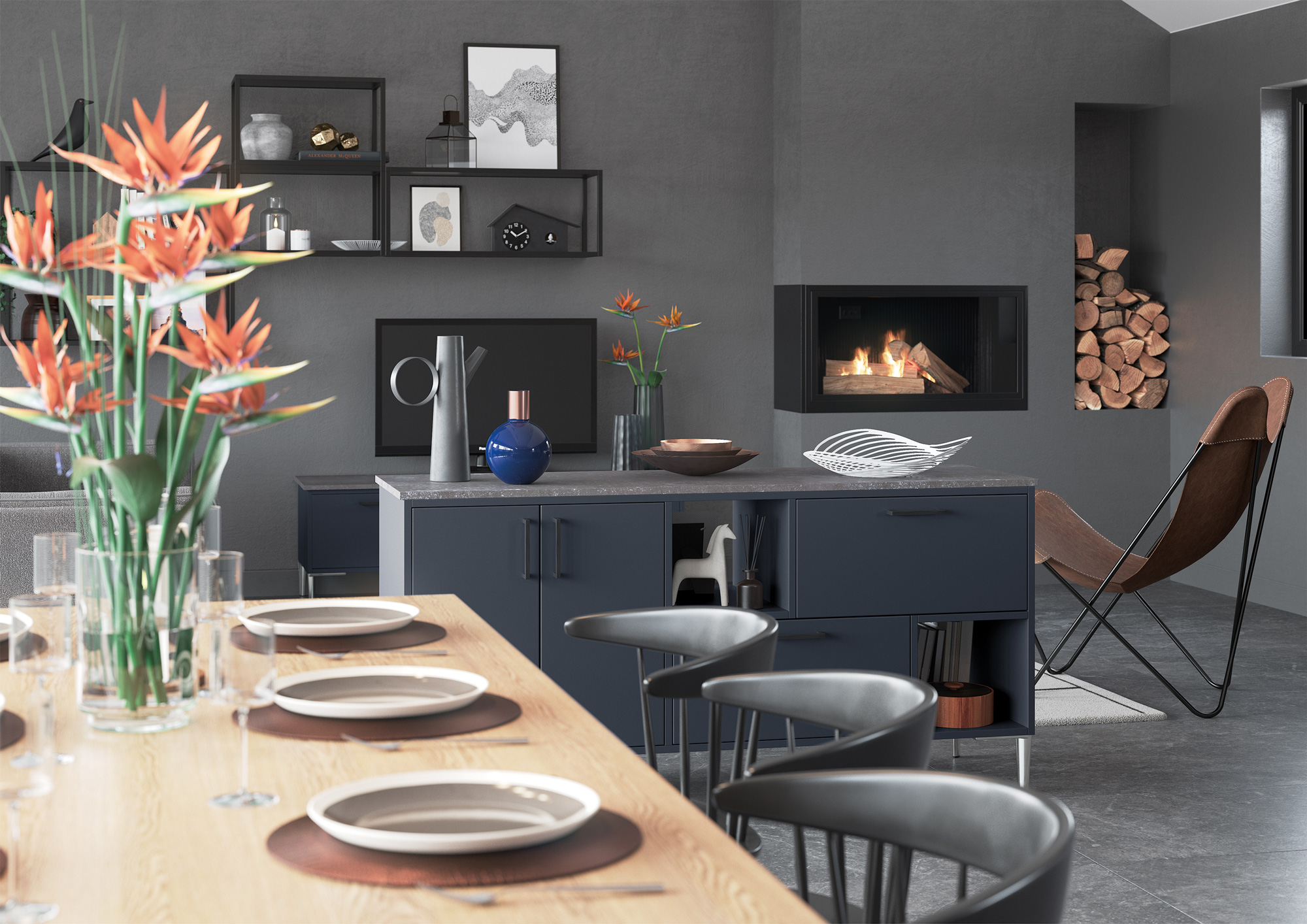 A refined slate blue kitchen with island seating