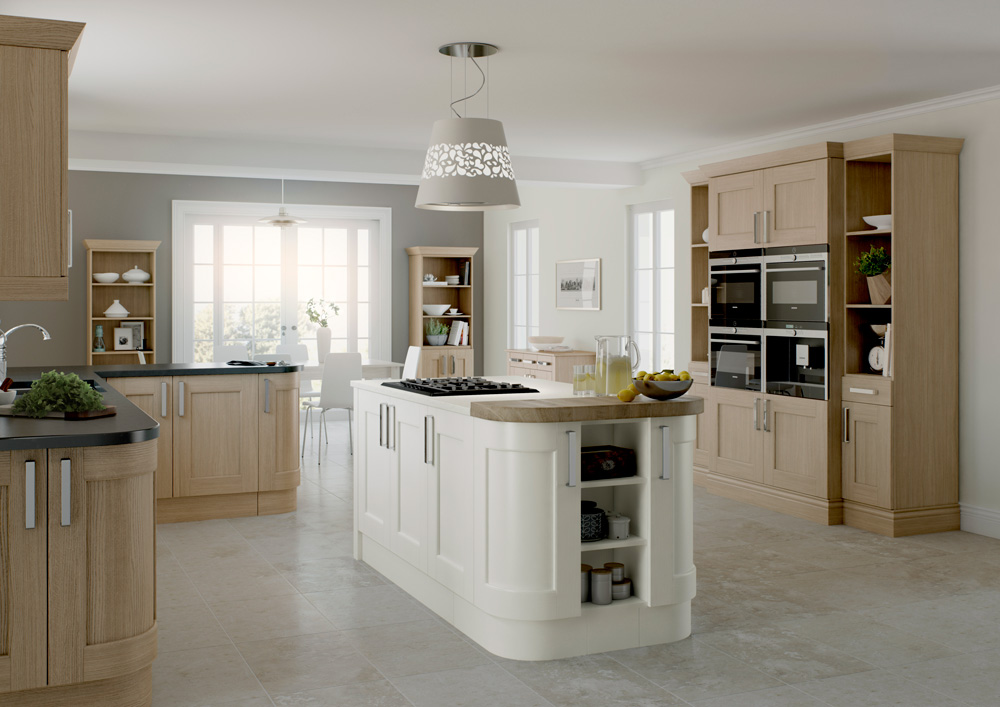 Oak and cream cabinetry around a curved kitchen island