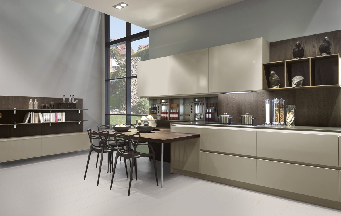 Handleless kitchen with dark timber shelving and a dining table