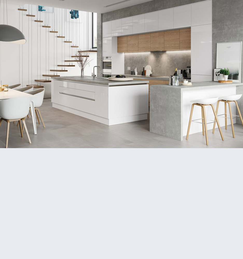 White kitchen island with drawers and breakfast-bar seating
